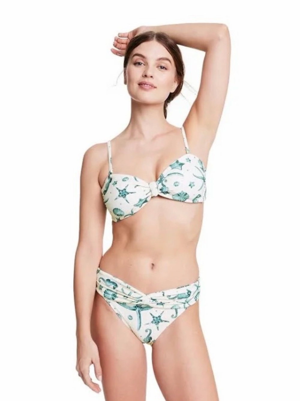 Agua Bendita Cream Bandeau Bikini Top with Green Seashell Print